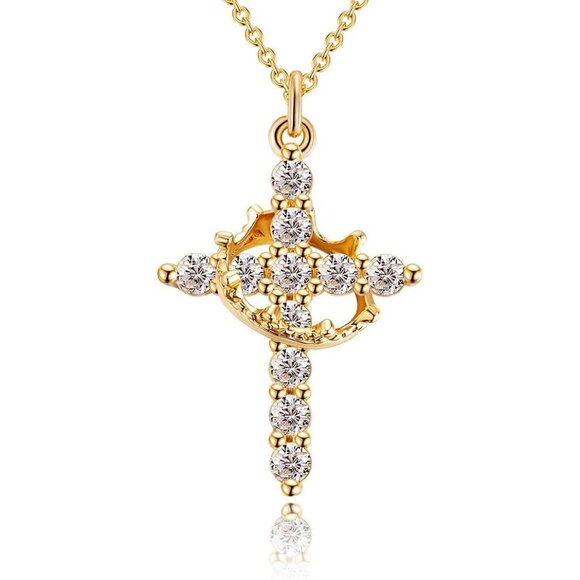 Perfect Gifts Women's Crown M04 Diamond Cross Necklace Gold Plated Faith Jewelry - Picture 8 of 8